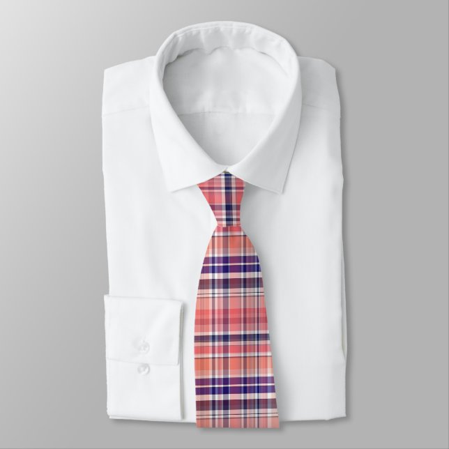 Light Coral, Navy Blue, White Preppy Madras Plaid Tie (Tied)
