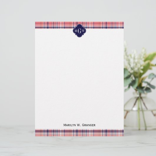 Light Coral Navy Wht Preppy Madras Monogram (Standing Front)