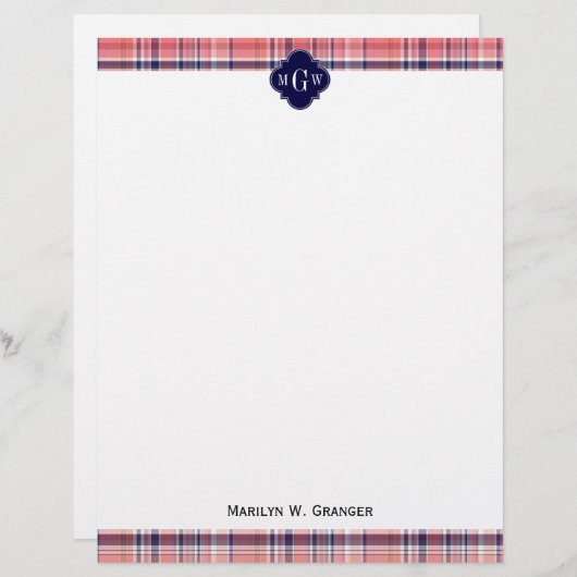 Light Coral Navy Wht Preppy Madras Monogram (Front/Back)