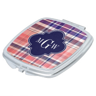 Light Coral Navy Wht Preppy Madras Monogram Compact Mirror