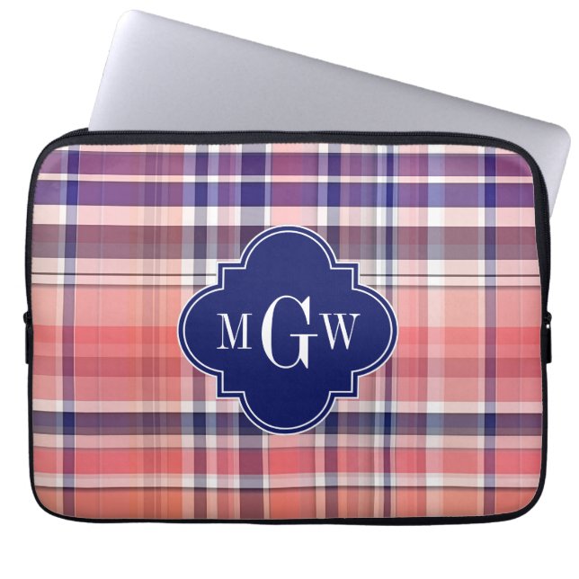 Light Coral Navy Wht Preppy Madras Monogram Laptop Sleeve (Front)