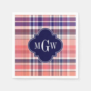 Light Coral Navy Wht Preppy Madras Monogram Napkins