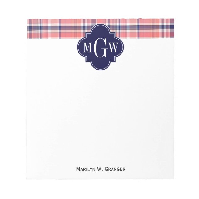 Light Coral Navy Wht Preppy Madras Monogram Notepad (Front)