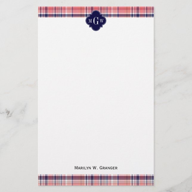 Light Coral Navy Wht Preppy Madras Monogram Stationery (Front)