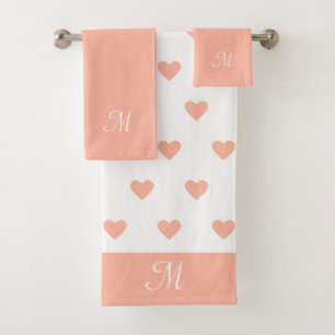 Light Coral Pink Heart Pattern & Monogram Bath Towel Set