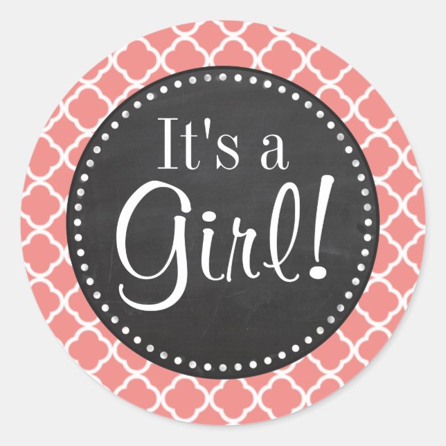 Light Coral Pink Moroccan Quatrefoil; Chalkboard Classic Round Sticker (Front)