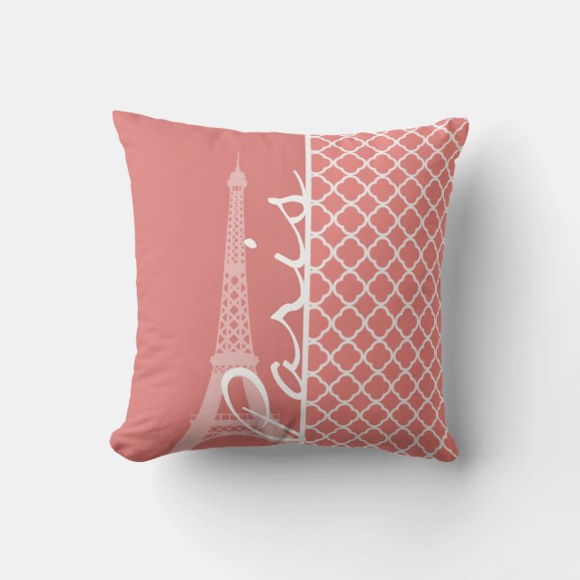 Light Coral Pink Moroccan Quatrefoil Paris Throw Pillow (Front)