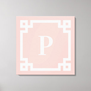 Light Coral Pink White Greek Key Border Monogram Canvas Print