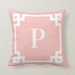 Light Coral Pink White Greek Key Border Monogram Throw Pillow