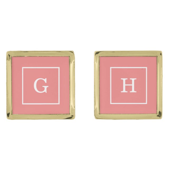 Light Coral White Framed Initial Monogram Cufflinks (Front)
