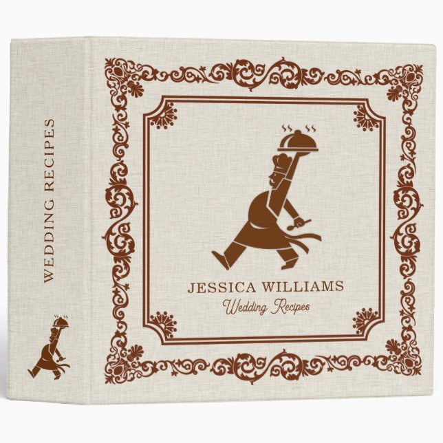 Light Cream Linen & Brown Frame Wedding Recipes 3 Ring Binder (Front/Spine)