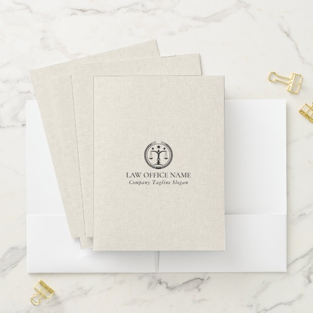 Light Cream Linen Texture Black Justice Logo  Pocket Folder (In Situ)