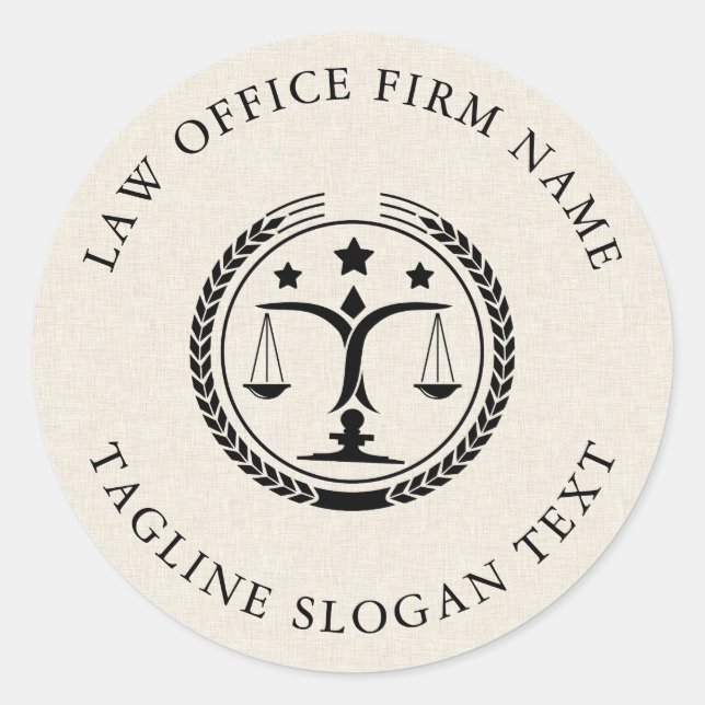 Light Cream Linen Texture Black Logo Custom Text Classic Round Sticker (Front)
