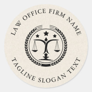 Light Cream Linen Texture Black Logo Custom Text Classic Round Sticker