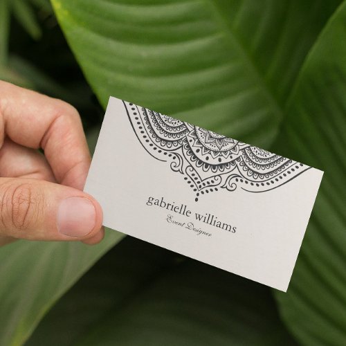 Light Cream linen texture with black ornate manada Business Card