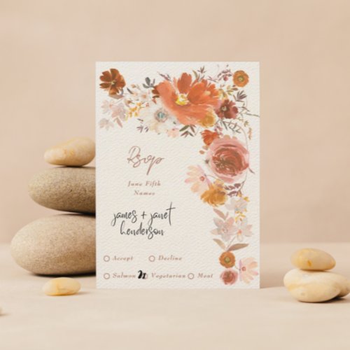 Light Cream Terracotta Floral Wreath Wedding RSVP Card