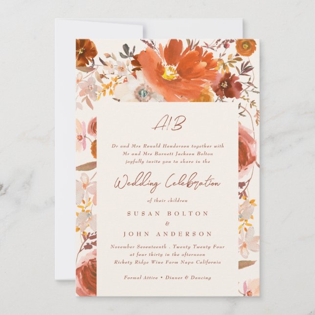Light Cream Terracotta Monogram Floral Border Invitation (Front)
