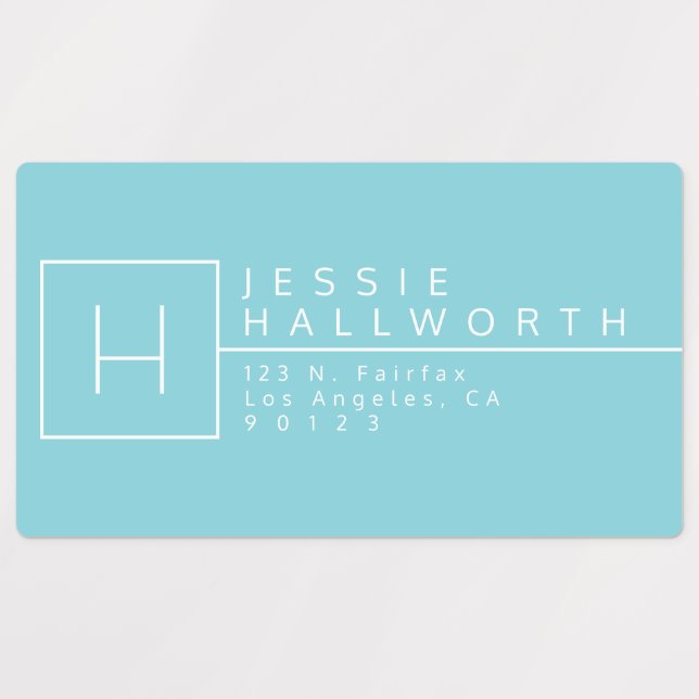 Light Cyan Blue & White Monogrammed Waterproof Labels (Design 1)