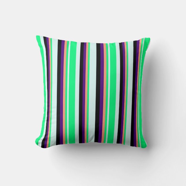 Light Cyan, Green, Light Salmon, Indigo & Black Throw Pillow (Front)