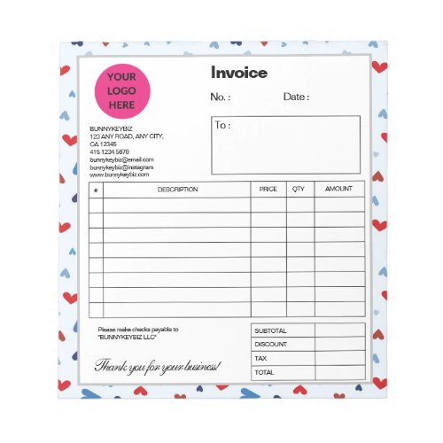Light Cyan Red Heart Company Business Shop Invoice Notepad