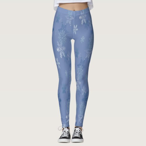 Light Dark Blue Snowflakes Winter Snow Leggings