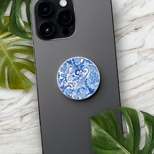 Light Dark Blue White Floral Paisley Art PopSocket