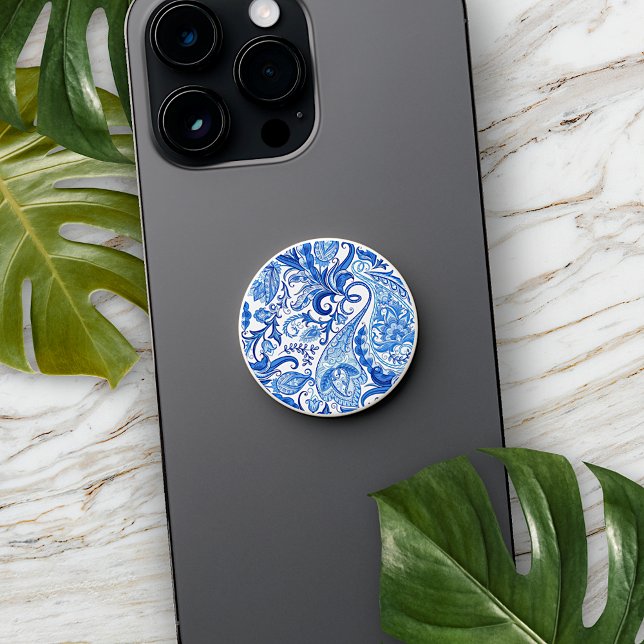Light Dark Blue White Floral Paisley Art PopSocket (Creator Uploaded)