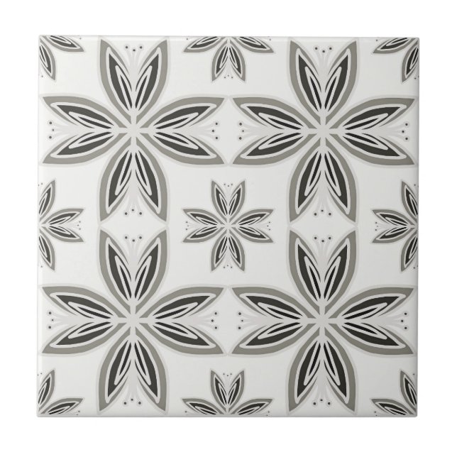 Light Dark Gray Arabesque Floral Modern Ceramic Tile (Front)