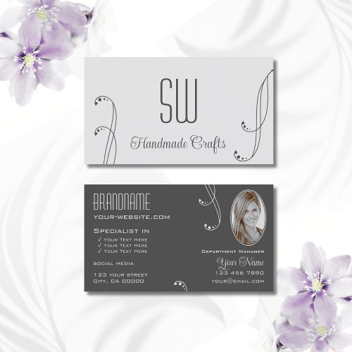 Light Dark Gray Ornate with Monogram and Photo Business Card