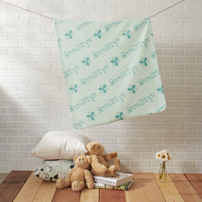 Light & Dark Green Reverse Custom Repeat Names Baby Blanket (In Situ)