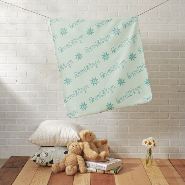 Light & Dark Green Reverse Custom Repeat Names Baby Blanket (In Situ)
