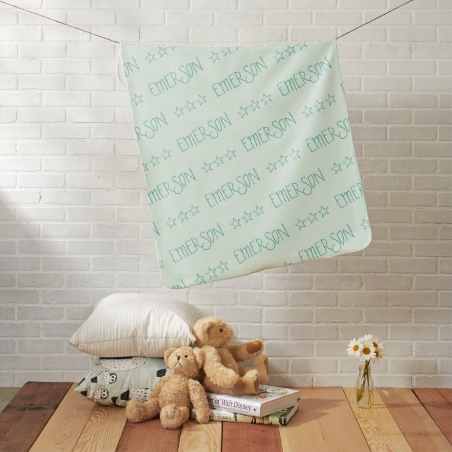 Light & Dark Green Reversible Custom Name Stars Baby Blanket (In Situ)