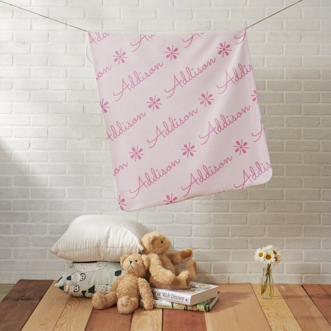 Light & Dark Pink Reversible Feminine Custom Name Baby Blanket (In Situ)