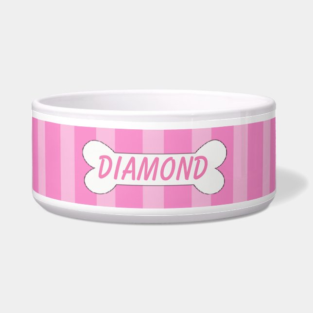 Light & Dark Pink Stripes With Bone Dog Bowl (Front)