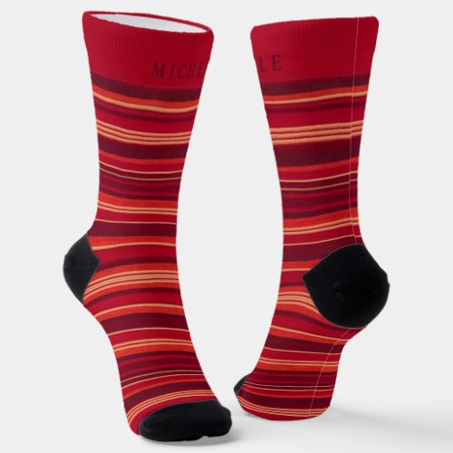 Light Dark Red Maroon Lines Striped Custom Name  Socks