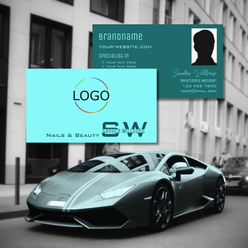 Light Dark Teal Chic with Monogram Logo and Photo Business Card