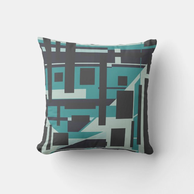 Light & Dark Teal on Charcoal Geometric Art Design Throw Pillow (Front)