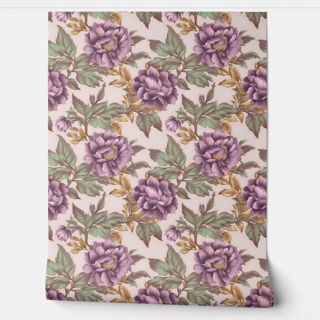 Light deep purple faux gold flowers sage leaves wallpaper  (Unrolling)