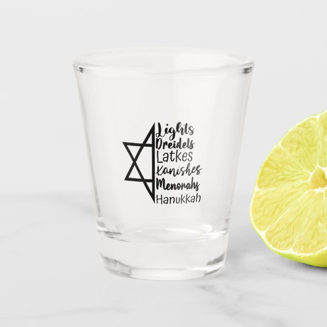 Light Dreidel Latke Kanish Menorah Hanukkah  Shot Glass (Front)