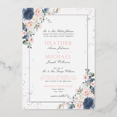Light Dusty Blue Blush Pink Floral Silver Wedding Foil Invitation