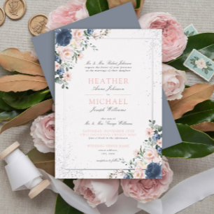 Light Dusty Blue Blush Pink Floral Silver Wedding Foil Invitation
