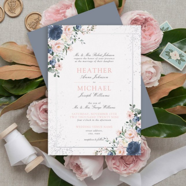 Light Dusty Blue Blush Pink Floral Silver Wedding Foil Invitation (Creator Uploaded)