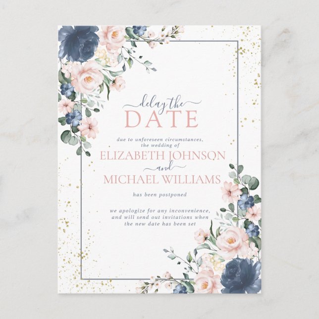 Light Dusty Blue Blush Pink Gold Floral Delay Date Holiday Postcard (Front)