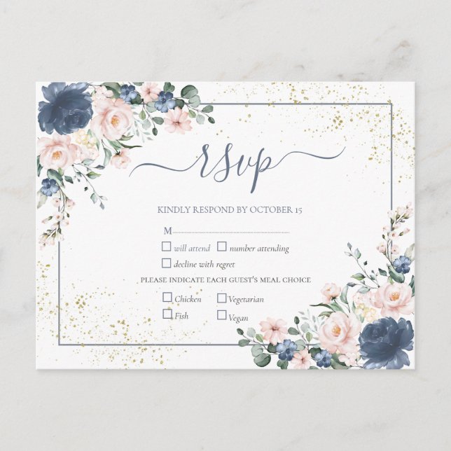 Light Dusty Blue Blush Pink Gold Floral RSVP Invitation Postcard (Front)