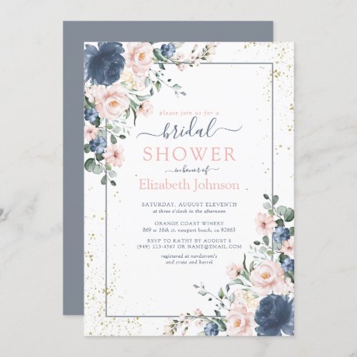 Light Dusty Blue Blush Pink Gold Floral Shower Invitation - So pretty!!! Create the perfect bridal shower invitation with this trendy dusty blue and blush pink greenery watercolor floral design, featuring hand lettered script typography and faux gold dust. Copyright Elegant Invites, all rights reserved.