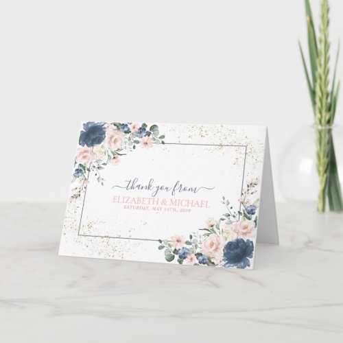 Light Dusty Blue Blush Pink Gold Floral Thank You Card