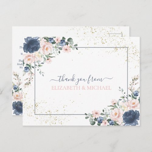 Light Dusty Blue Blush Pink Gold Floral Thank You Postcard