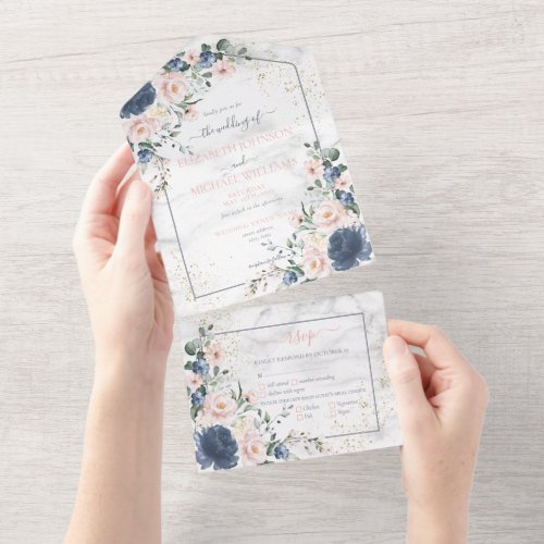Light Dusty Blue Blush Pink Gold Floral Wedding All In One Invitation