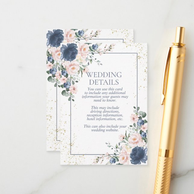 Light Dusty Blue Blush Pink Gold Floral Wedding Enclosure Card (Front/Back In Situ)