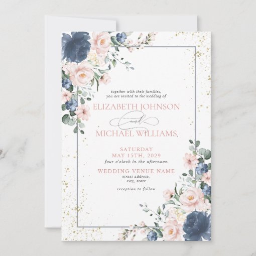 Light Dusty Blue Blush Pink Gold Floral Wedding In Invitation | Zazzle